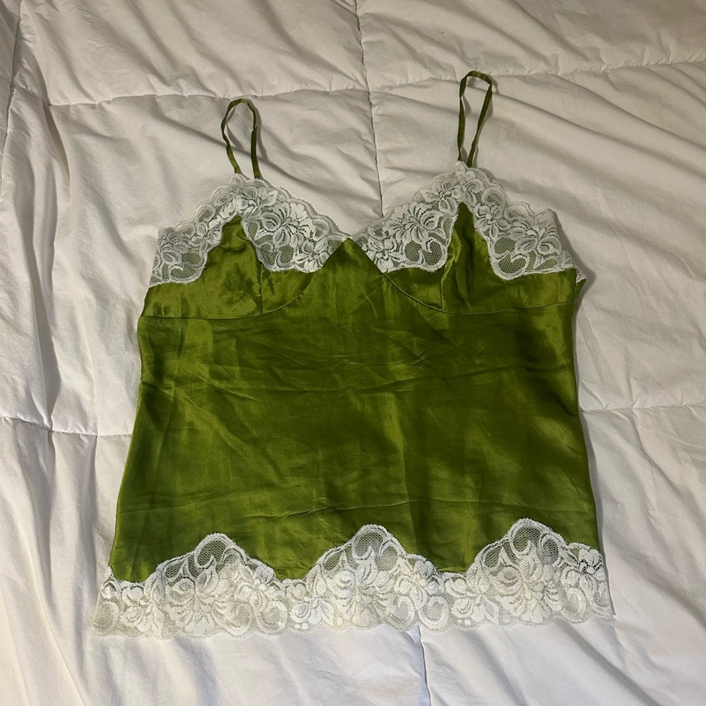 Green Lace Trim 100% Silk Tank Camisole Top